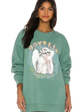 Boys Lie Green Graphic Crewneck Sweater with Angel Motif
